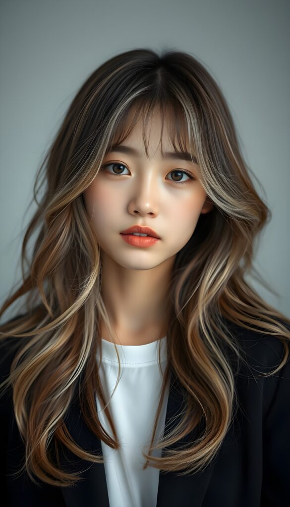A young, beautiful Asian girl with long, light brown soft open wavy hair and white highlights, bangs cut. Light grey backdrop. Realistic. She is wearing a black blazer and a white t-shirt underneath.