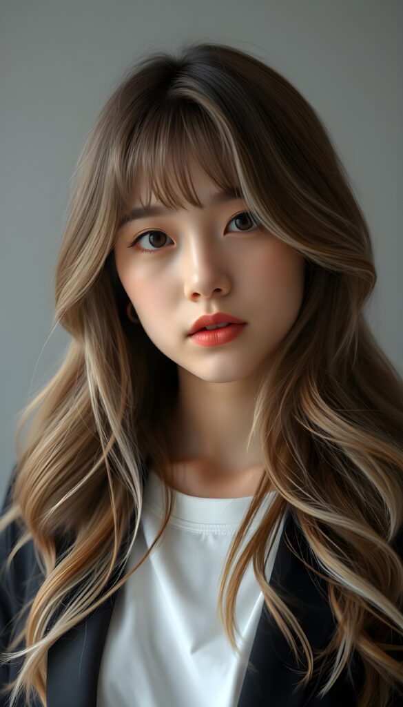 A young, beautiful Asian girl with long, light brown soft open wavy hair and white highlights, bangs cut. Light grey backdrop. Realistic. She is wearing a black blazer and a white t-shirt underneath.