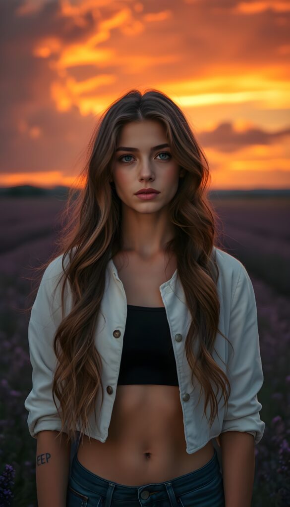 A young, beautiful French girl stands in the middle of a large lavender field at sunset. The clouds are blood red and orange. She has long, wavy brown hair that reflects the sunlight. Deep blue round eyes, a pouty mouth, and a perfectly shaped female body. Peaceful. She wears a white jacket that is half open. Underneath is a short, skimpy black tank top. Cute round small belly button