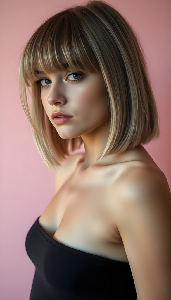 A young busty cute teen girl with striking, straight blonde hair with brown highlights framing her face, bob cut, her bangs styled in a perfect side part, exuding confidence with a curvy silhouette, poses confidently against a soft, pastel pink backdrop. She is dressed in a thin dark t-shirt, perfect female curved body, featuring a sleek black dress that contrasts beautifully with her hair and the background. The lighting is soft and ethereal, highlighting her features and adding a dreamy atmosphere to the scene, side view