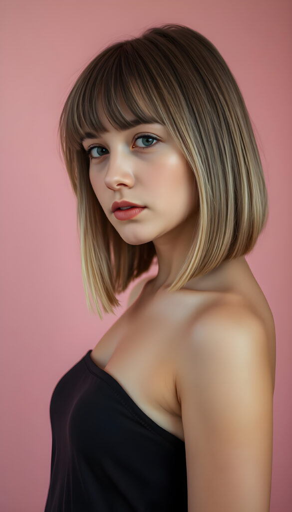 A young busty cute teen girl with striking, straight blonde hair with brown highlights framing her face, bob cut, her bangs styled in a perfect side part, exuding confidence with a curvy silhouette, poses confidently against a soft, pastel pink backdrop. She is dressed in a thin dark t-shirt, perfect female curved body, featuring a sleek black dress that contrasts beautifully with her hair and the background. The lighting is soft and ethereal, highlighting her features and adding a dreamy atmosphere to the scene, side view
