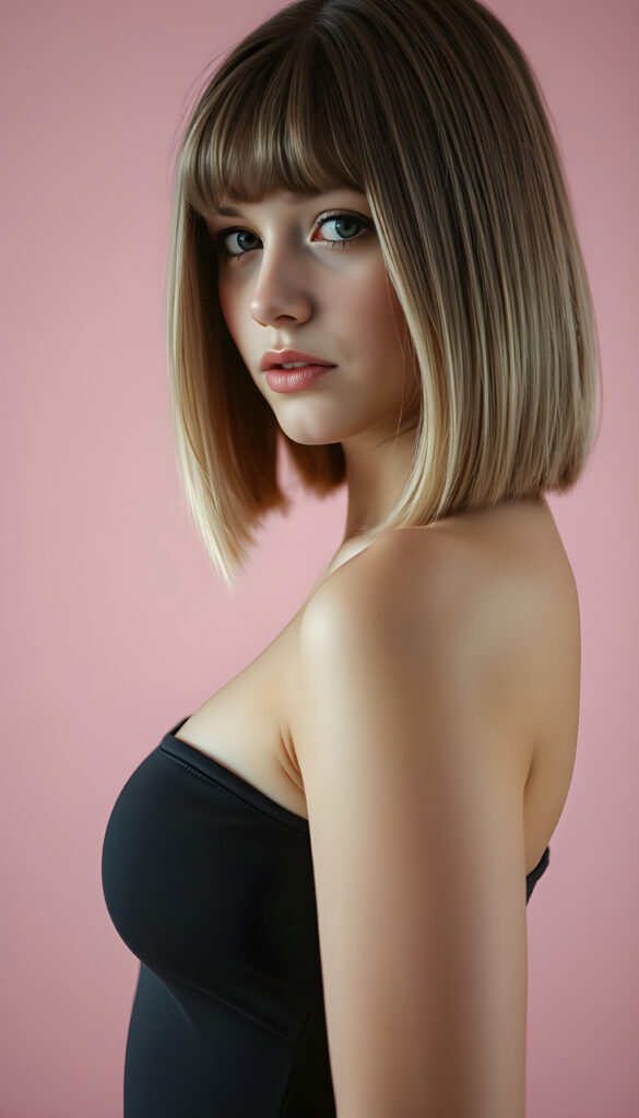 A young busty cute teen girl with striking, straight blonde hair with brown highlights framing her face, bob cut, her bangs styled in a perfect side part, exuding confidence with a curvy silhouette, poses confidently against a soft, pastel pink backdrop. She is dressed in a thin dark t-shirt, perfect female curved body, featuring a sleek black dress that contrasts beautifully with her hair and the background. The lighting is soft and ethereal, highlighting her features and adding a dreamy atmosphere to the scene, side view