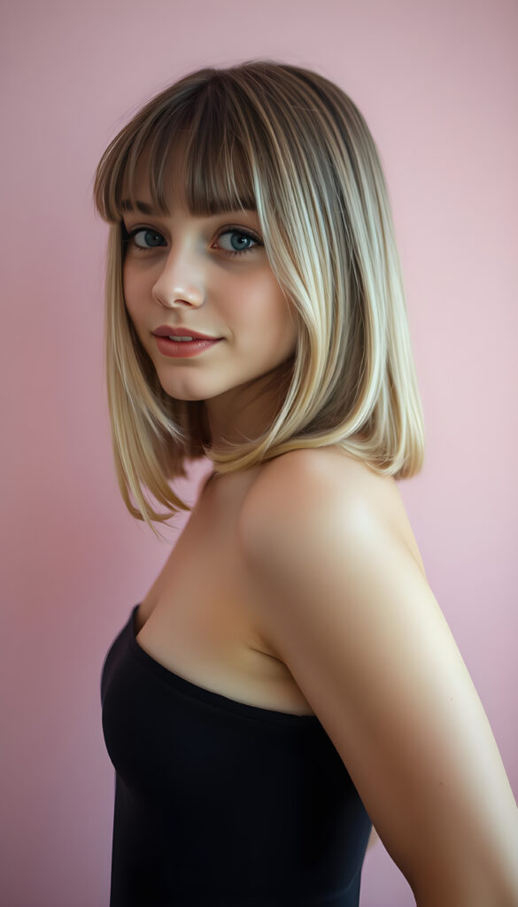 A young busty cute teen girl with striking, straight blonde hair with brown highlights framing her face, bob cut, her bangs styled in a perfect side part, exuding confidence with a curvy silhouette, poses confidently against a soft, pastel pink backdrop. She is dressed in a thin dark t-shirt, perfect female curved body, featuring a sleek black dress that contrasts beautifully with her hair and the background. The lighting is soft and ethereal, highlighting her features and adding a dreamy atmosphere to the scene, side view