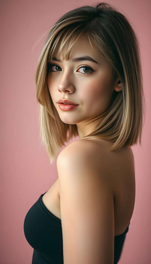 A young busty cute teen girl with striking, straight blonde hair with brown highlights framing her face, bob cut, her bangs styled in a perfect side part, exuding confidence with a curvy silhouette, poses confidently against a soft, pastel pink backdrop. She is dressed in a thin dark t-shirt, perfect female curved body, featuring a sleek black dress that contrasts beautifully with her hair and the background. The lighting is soft and ethereal, highlighting her features and adding a dreamy atmosphere to the scene, side view