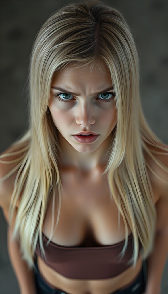 A young girl looks up at the camera, annoyed and very angry. She is wearing a tight top with a low neckline. Straight, shiny light blonde hair falls over her shoulders. View from above. Sharp focus.