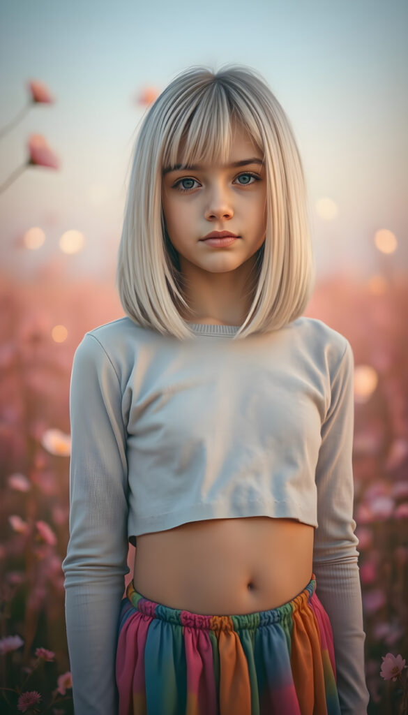 A young, confident girl with straight white hair and brown highlights, styled in a bob cut with a perfect side part, stands confidently in a dreamy, pastel pink landscape. She wears a cropped light grey sweater, and her body is accentuated by a flowing, colorful dress. The scene is bathed in soft, ethereal lighting, highlighting her features and creating a magical atmosphere. In the background, there are whimsical elements like floating flowers and soft, glowing orbs, adding to the enchanting vibe. The composition includes dynamic angles and vibrant colors, making the image visually striking and imaginative.