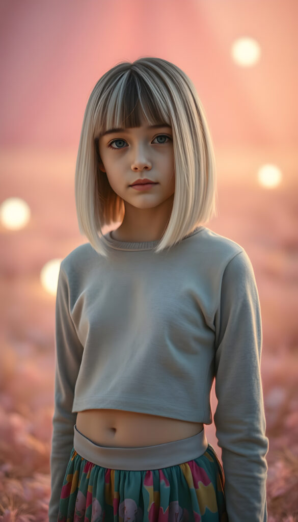 A young, confident girl with straight white hair and brown highlights, styled in a bob cut with a perfect side part, stands confidently in a dreamy, pastel pink landscape. She wears a cropped light grey sweater and a colorful long skirt. The scene is bathed in soft, ethereal lighting, highlighting her features and creating a magical atmosphere. In the background, there are whimsical elements like glowing orbs, adding to the enchanting vibe. The composition includes dynamic angles and vibrant colors, making the image visually striking and imaginative.