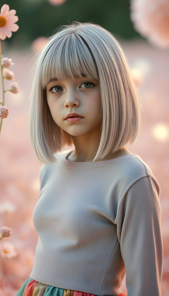 A young, confident girl with straight white hair and brown highlights, styled in a bob cut with a perfect side part, stands confidently in a dreamy, pastel pink landscape. She wears a cropped light grey sweater, and her body is accentuated by a flowing, colorful dress. The scene is bathed in soft, ethereal lighting, highlighting her features and creating a magical atmosphere. In the background, there are whimsical elements like floating flowers and soft, glowing orbs, adding to the enchanting vibe. The composition includes dynamic angles and vibrant colors, making the image visually striking and imaginative.