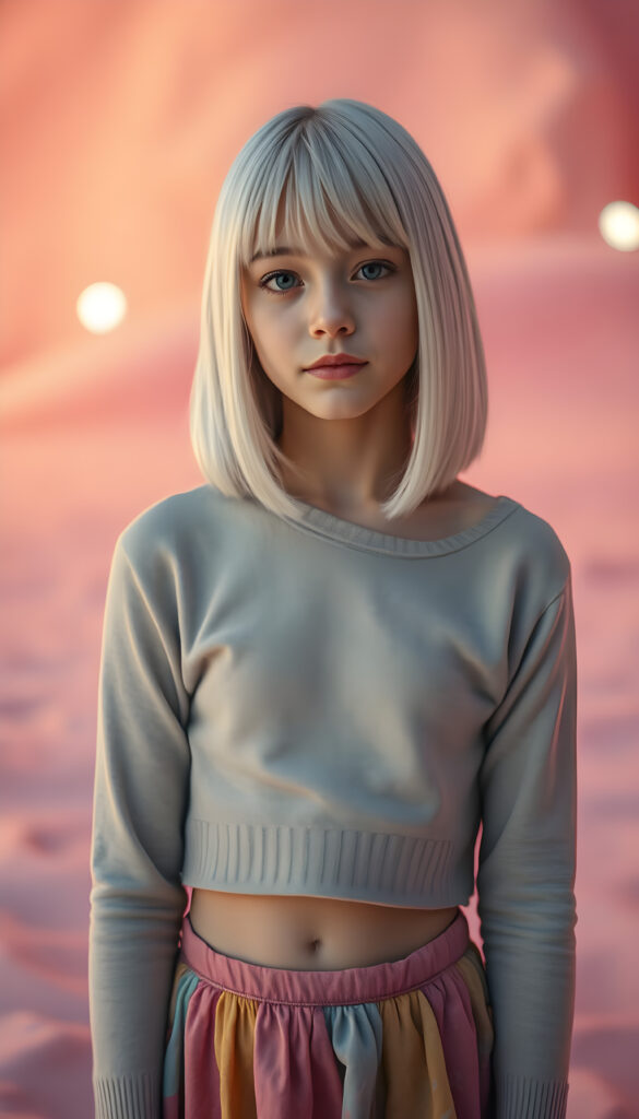 A young, confident girl with straight white hair and brown highlights, styled in a bob cut with a perfect side part, stands confidently in a dreamy, pastel pink landscape. She wears a cropped light grey sweater and a colorful long skirt. The scene is bathed in soft, ethereal lighting, highlighting her features and creating a magical atmosphere. In the background, there are whimsical elements like glowing orbs, adding to the enchanting vibe. The composition includes dynamic angles and vibrant colors, making the image visually striking and imaginative.
