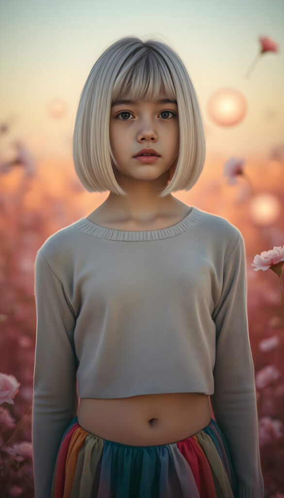 A young, confident girl with straight white hair and brown highlights, styled in a bob cut with a perfect side part, stands confidently in a dreamy, pastel pink landscape. She wears a cropped light grey sweater and a colorful long skirt. The scene is bathed in soft, ethereal lighting, highlighting her features and creating a magical atmosphere. In the background, there are whimsical elements like glowing orbs, adding to the enchanting vibe. The composition includes dynamic angles and vibrant colors, making the image visually striking and imaginative.