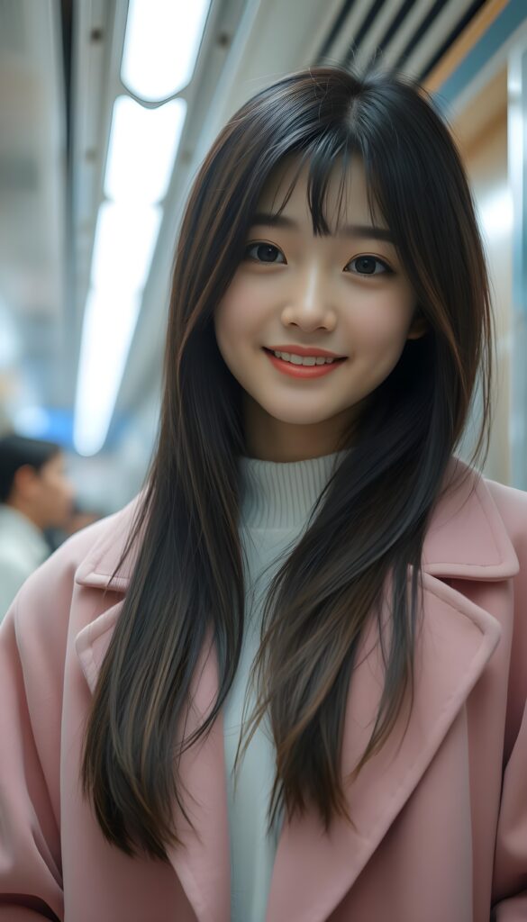 A young cute Korean girl with silky, straight black hair and brown highlights; her long hair falls straight down, round face. She has beautiful, large, dark eyes, a small, snub nose, and thin lips. She looks cheerful and very happy. She is wearing a pink plain open coat, underwear a white sweater. View from the front. Cute. 4k, realistic rendering. She stands alone in a subway station. White neon light.