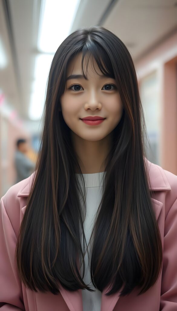 A young cute Korean girl with silky, straight black hair and brown highlights; her long hair falls straight down, round face. She has beautiful, large, dark eyes, a small, snub nose, and thin lips. She looks cheerful and very happy. She is wearing a pink plain open coat, underwear a white sweater. View from the front. Cute. 4k, realistic rendering. She stands alone in a subway station. White neon light.