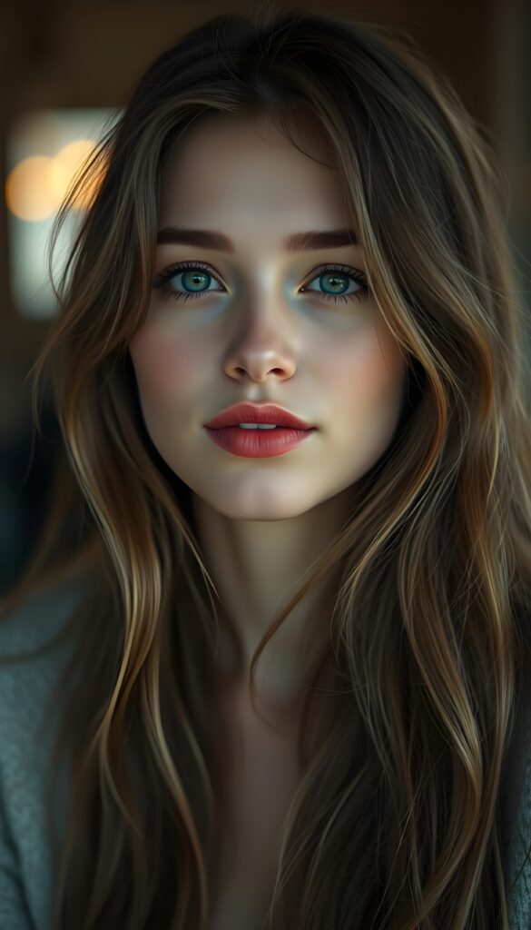 A young, cute Scandinavian girl, she pouts her lips, happy, long soft hair, perfect makeup, red lips, kissable. HDR, 4K, perfect shadows and light.