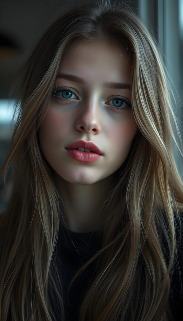 A young, cute Scandinavian girl, she pouts her lips, happy, long soft hair, perfect makeup, red lips, kissable. HDR, 4K, perfect shadows and light.