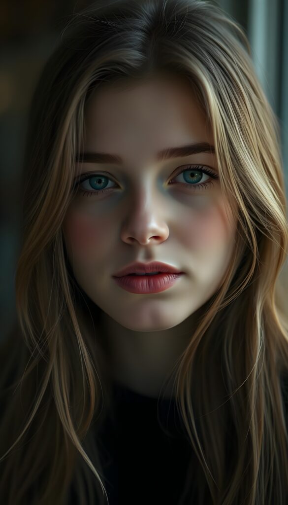 A young, cute Scandinavian girl, she pouts her lips, happy, long soft hair, perfect makeup, red lips, kissable. HDR, 4K, perfect shadows and light.