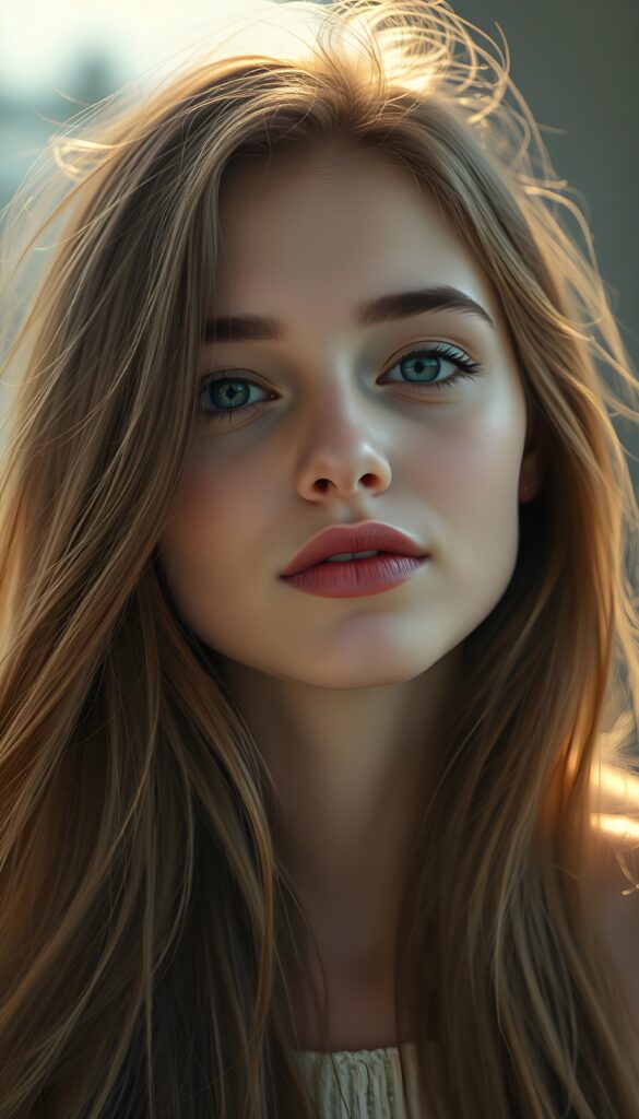 A young, cute Scandinavian girl, she pouts her lips, happy, long soft hair, perfect makeup, red lips, kissable. HDR, 4K, perfect shadows and light.