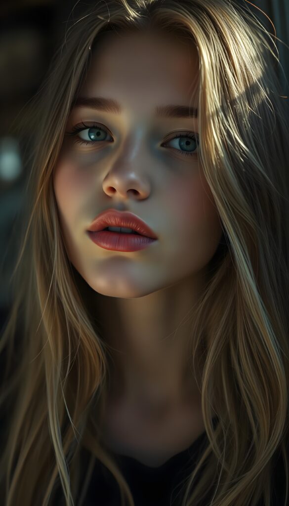 A young, cute Scandinavian girl, she pouts her lips, happy, long soft hair, perfect makeup, red lips, kissable. HDR, 4K, perfect shadows and light.