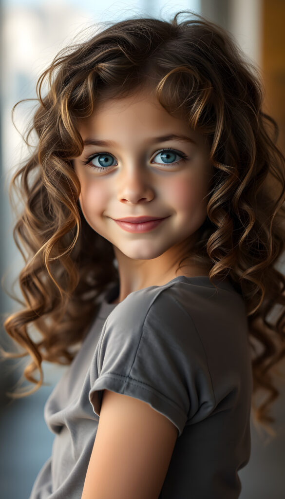 A young, cute curly girl with brown wavy hair and golden highlights smiles shyly at the camera. She has beautiful, shiny blue round eyes, a pouty mouth, and a small nose. Her skin is flawless and slightly tanned. She wears a short, tight T-shirt that perfectly accentuates her wonderful, feminine body and shows off her curves to perfection.