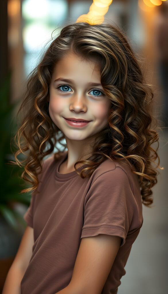 A young, cute curly girl with brown wavy hair and golden highlights smiles shyly at the camera. She has beautiful, shiny blue round eyes, a pouty mouth, and a small nose. Her skin is flawless and slightly tanned. She wears a short, tight T-shirt that perfectly accentuates her wonderful, feminine body and shows off her curves to perfection.