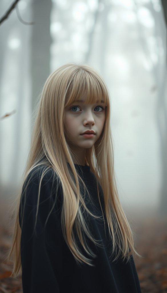 A young, cute girl with long, two-toned blond long straight hair and bangs, wearing a black sweater, stands in a mystical forest. The scene is ethereal, with soft, glowing light filtering through the trees. The background is a hazy white, with delicate, swirling patterns and pastel colors.