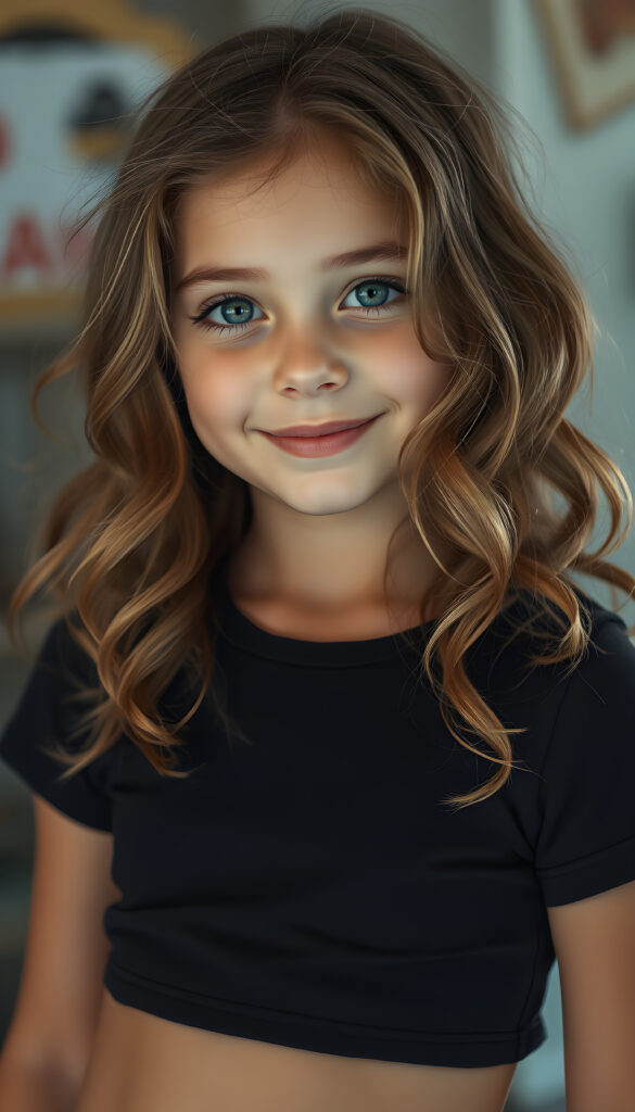 A young, cute girl with brown wavy hair and golden highlights smiles shyly at the camera. She has beautiful, shiny blue round eyes, a pouty mouth, and a small nose. Her skin is flawless and slightly tanned. She wears a short, tight T-shirt that perfectly accentuates her wonderful, feminine body and shows off her curves to perfection.