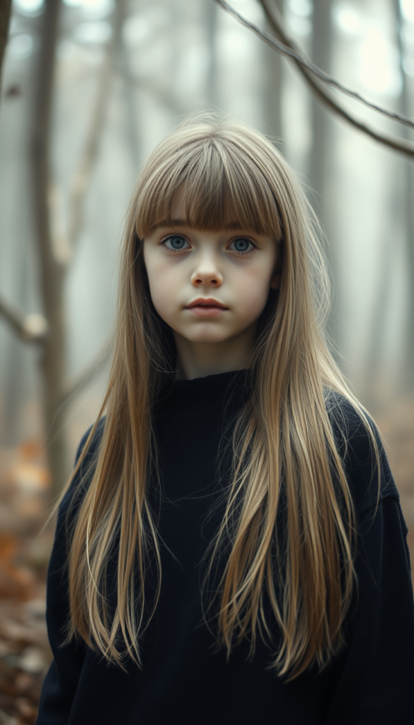 A young, cute girl with long, two-toned blond long straight hair and bangs, wearing a black sweater, stands in a mystical forest. The scene is ethereal, with soft, glowing light filtering through the trees. The background is a hazy white, with delicate, swirling patterns and pastel colors.