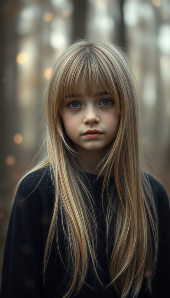 A young, cute girl with long, two-toned blond long straight hair and bangs, wearing a black sweater, stands in a mystical forest. The scene is ethereal, with soft, glowing light filtering through the trees. The background is a hazy white, with delicate, swirling patterns and pastel colors.