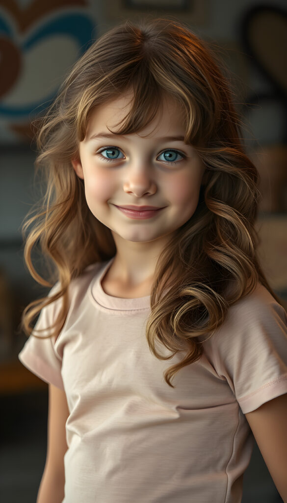A young, cute girl with brown wavy hair and golden highlights smiles shyly at the camera. She has beautiful, shiny blue round eyes, a pouty mouth, and a small nose. Her skin is flawless and slightly tanned. She wears a short, tight T-shirt that perfectly accentuates her wonderful, feminine body and shows off her curves to perfection.
