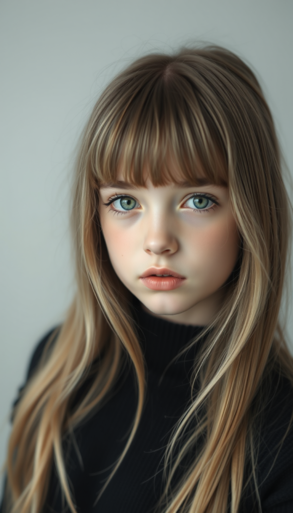 A young, cute girl with long, two-toned blond hair and bangs frames her round angelic face, wearing a black sweater. The focus is on her upper body. Portrait style. All against a light grey studio backdrop. She has green sparkling eyes. Red full plum kissable lips. Her mouth is slightly open. She is tired.