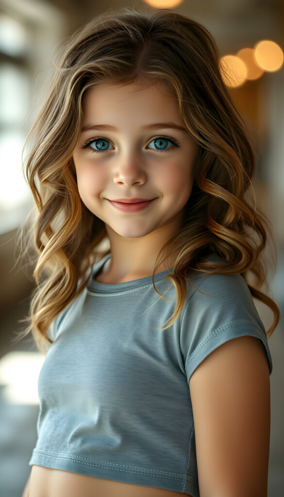 A young, cute girl with brown wavy hair and golden highlights smiles shyly at the camera. She has beautiful, shiny blue round eyes, a pouty mouth, and a small nose. Her skin is flawless and slightly tanned. She wears a short, tight T-shirt that perfectly accentuates her wonderful, feminine body and shows off her curves to perfection.