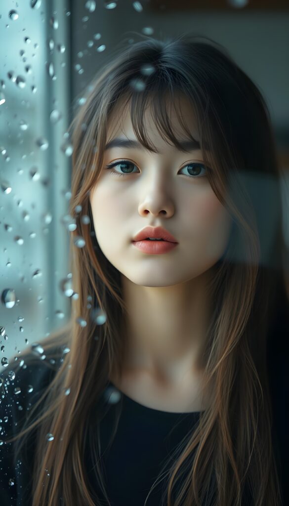 A young, cute girl, she pouts her lips, happy, long soft hair, black shirt, She is standing behind of a glass pane covered with water droplets.