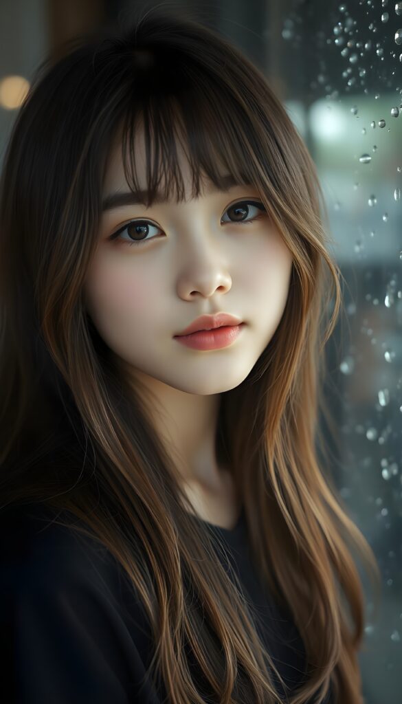 A young, cute girl, she pouts her lips, happy, long soft hair, black shirt, She is standing in front of a glass pane covered with water droplets.