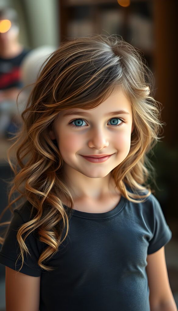 A young, cute girl with brown wavy hair and golden highlights smiles shyly at the camera. She has beautiful, shiny blue round eyes, a pouty mouth, and a small nose. Her skin is flawless and slightly tanned. She wears a short, tight T-shirt that perfectly accentuates her wonderful, feminine body and shows off her curves to perfection.