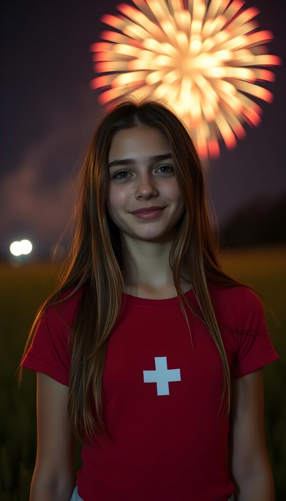 A young, cute girl from Switzerland with long brown hair; she’s wearing a tight red T-shirt with a small white symmetrical cross in the middle. She’s smiling gently. Fireworks can be seen in the background and high in the sky. It’s nighttime. She’s standing alone in a meadow.