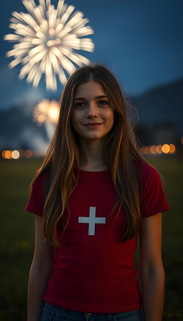 A young, cute girl from Switzerland with long brown hair; she’s wearing a tight red T-shirt with a small white symmetrical cross in the middle. She’s smiling gently. Fireworks can be seen in the background and high in the sky. It’s nighttime. She’s standing alone in a meadow.