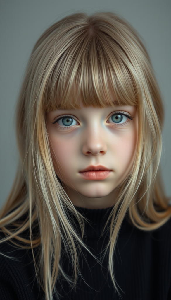 A young, cute girl with long, two-toned blond hair and bangs frames her round angelic face, wearing a black sweater. The focus is on her upper body. Portrait style. All against a light grey studio backdrop. She has green sparkling eyes. Red full plum kissable lips. Her mouth is slightly open. She is tired.