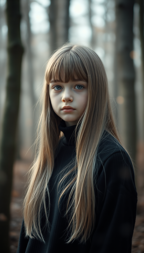 A young, cute girl with long, two-toned blond long straight hair and bangs, wearing a black sweater, stands in a mystical forest. The scene is ethereal, with soft, glowing light filtering through the trees. The background is a hazy white, with delicate, swirling patterns and pastel colors.