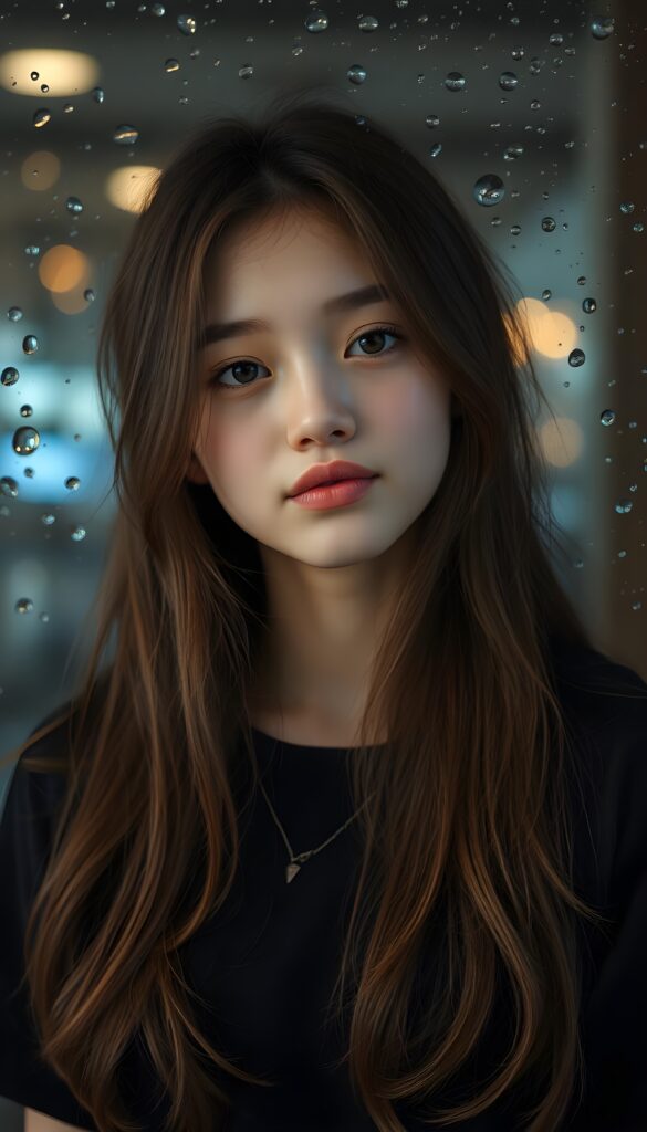 A young, cute girl, she pouts her lips, happy, long soft hair, black shirt, She is standing in front of a glass pane covered with water droplets.