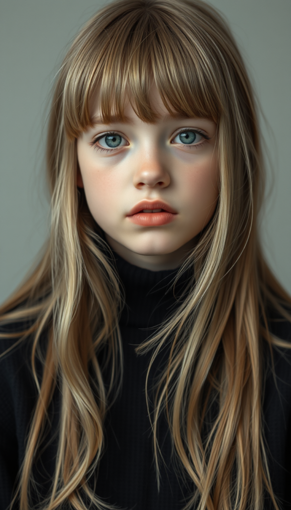 A young, cute girl with long, two-toned blond hair and bangs frames her round angelic face, wearing a black sweater. The focus is on her upper body. Portrait style. All against a light grey studio backdrop. She has green sparkling eyes. Red full plum kissable lips. Her mouth is slightly open. She is tired.
