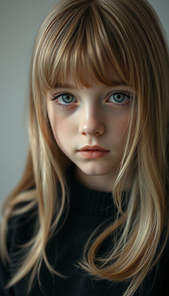 A young, cute girl with long, two-toned blond hair and bangs frames her round angelic face, wearing a black sweater. The focus is on her upper body. Portrait style. All against a light grey studio backdrop. She has green sparkling eyes. Red full plum kissable lips. Her mouth is slightly open. She is tired.