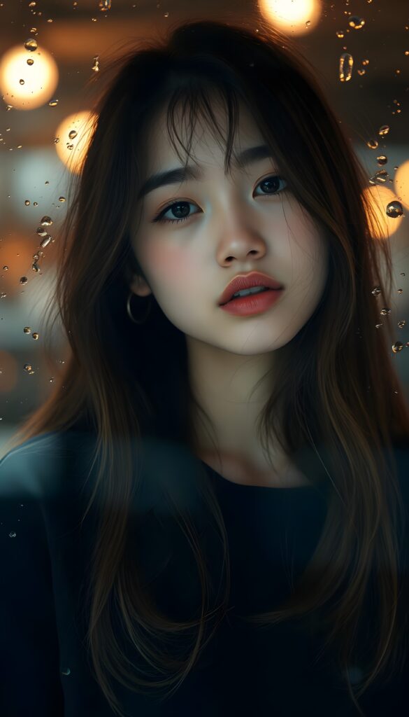 A young, cute girl, she pouts her lips, happy, long soft hair, black shirt, She is standing in front of a glass pane covered with water droplets.