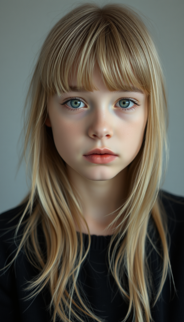 A young, cute girl with long, two-toned blond hair and bangs frames her round angelic face, wearing a black sweater. The focus is on her upper body. Portrait style. All against a light grey studio backdrop. She has green sparkling eyes. Red full plum kissable lips. Her mouth is slightly open. She is tired.