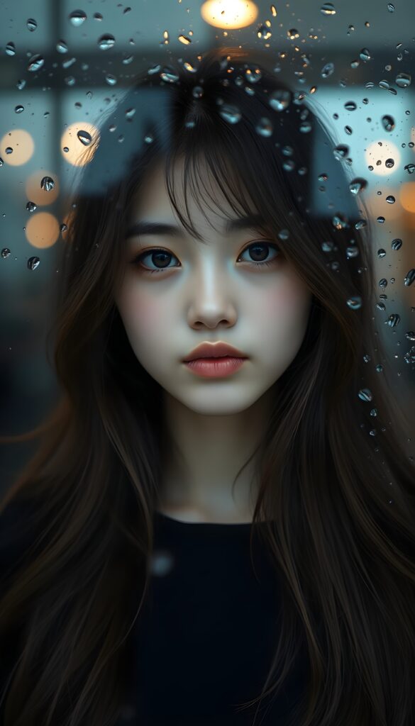 A young, cute girl, she pouts her lips, happy, long soft hair, black shirt, She is standing behind of a glass pane covered with water droplets.