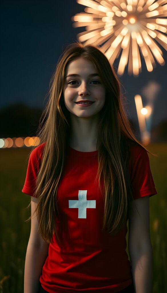 A young, cute girl from Switzerland with long brown hair; she’s wearing a tight red T-shirt with a small white symmetrical cross in the middle. She’s smiling gently. Fireworks can be seen in the background and high in the sky. It’s nighttime. She’s standing alone in a meadow.