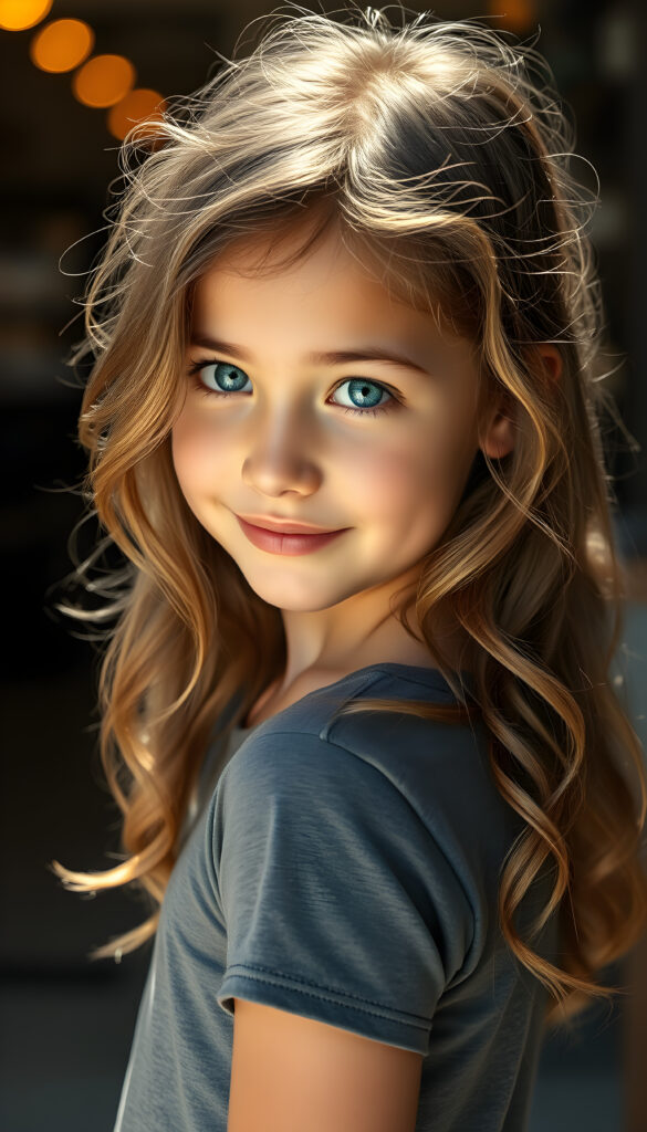 A young, cute girl with brown wavy hair and golden highlights smiles shyly at the camera. She has beautiful, shiny blue round eyes, a pouty mouth, and a small nose. Her skin is flawless and slightly tanned. She wears a short, tight T-shirt that perfectly accentuates her wonderful, feminine body and shows off her curves to perfection.