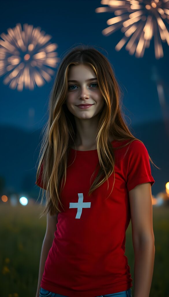 A young, cute girl from Switzerland with long brown hair; she’s wearing a tight red T-shirt with a small white symmetrical cross in the middle. She’s smiling gently. Fireworks can be seen in the background and high in the sky. It’s nighttime. She’s standing alone in a meadow.