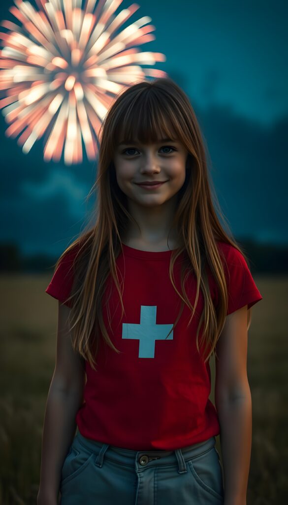 A young, cute girl from Switzerland with long brown hair; she’s wearing a tight red T-shirt with a small white symmetrical cross in the middle. She’s smiling gently. Fireworks can be seen in the background and high in the sky. It’s nighttime. She’s standing alone in a meadow.