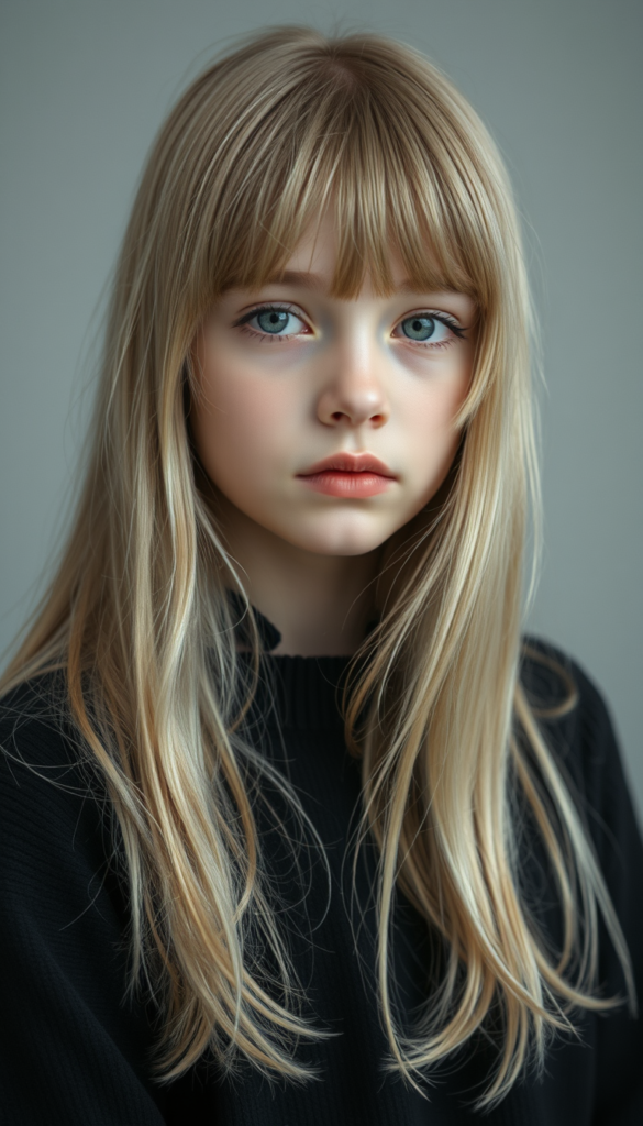 A young, cute girl with long, two-toned blond hair and bangs frames her round angelic face, wearing a black sweater. The focus is on her upper body. Portrait style. All against a light grey studio backdrop. She has green sparkling eyes. Red full plum kissable lips. Her mouth is slightly open. She is tired.