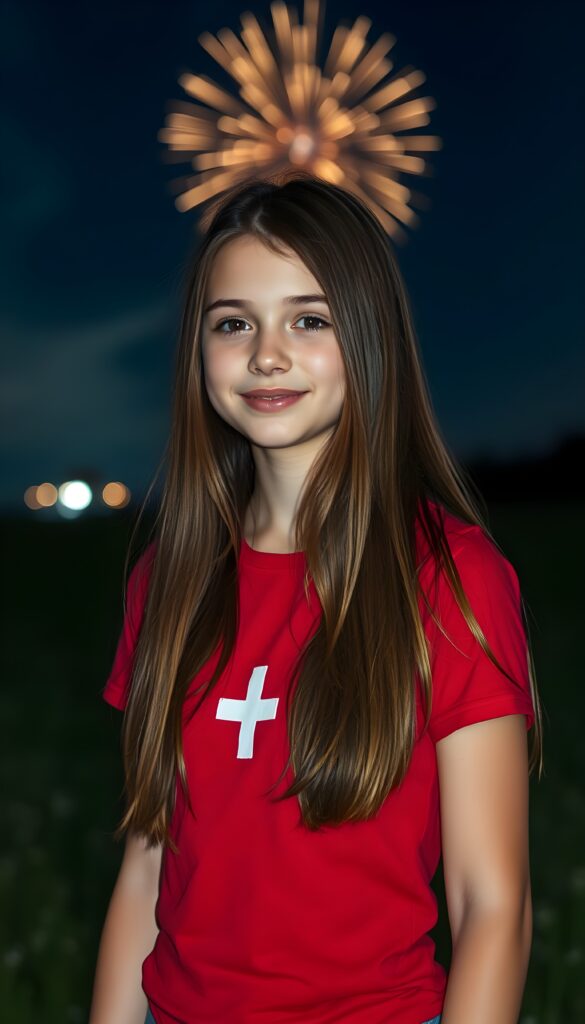 A young, cute girl from Switzerland with long brown hair; she’s wearing a tight red T-shirt with a small white symmetrical cross in the middle. She’s smiling gently. Fireworks can be seen in the background and high in the sky. It’s nighttime. She’s standing alone in a meadow.