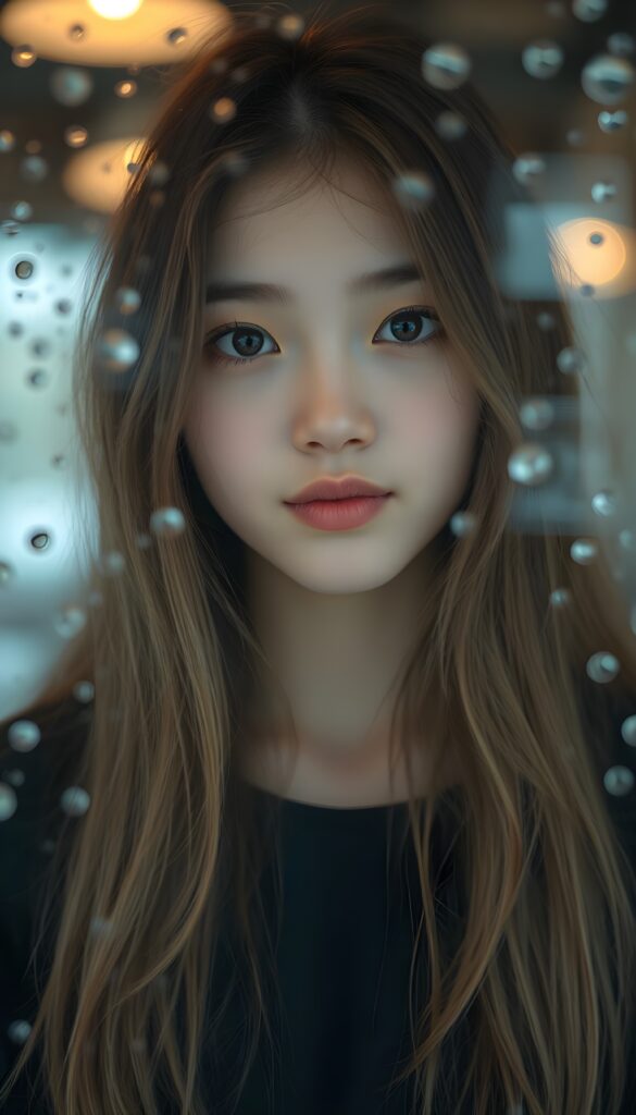 A young, cute girl, she pouts her lips, happy, long soft hair, black shirt, She is standing behind of a glass pane covered with water droplets.
